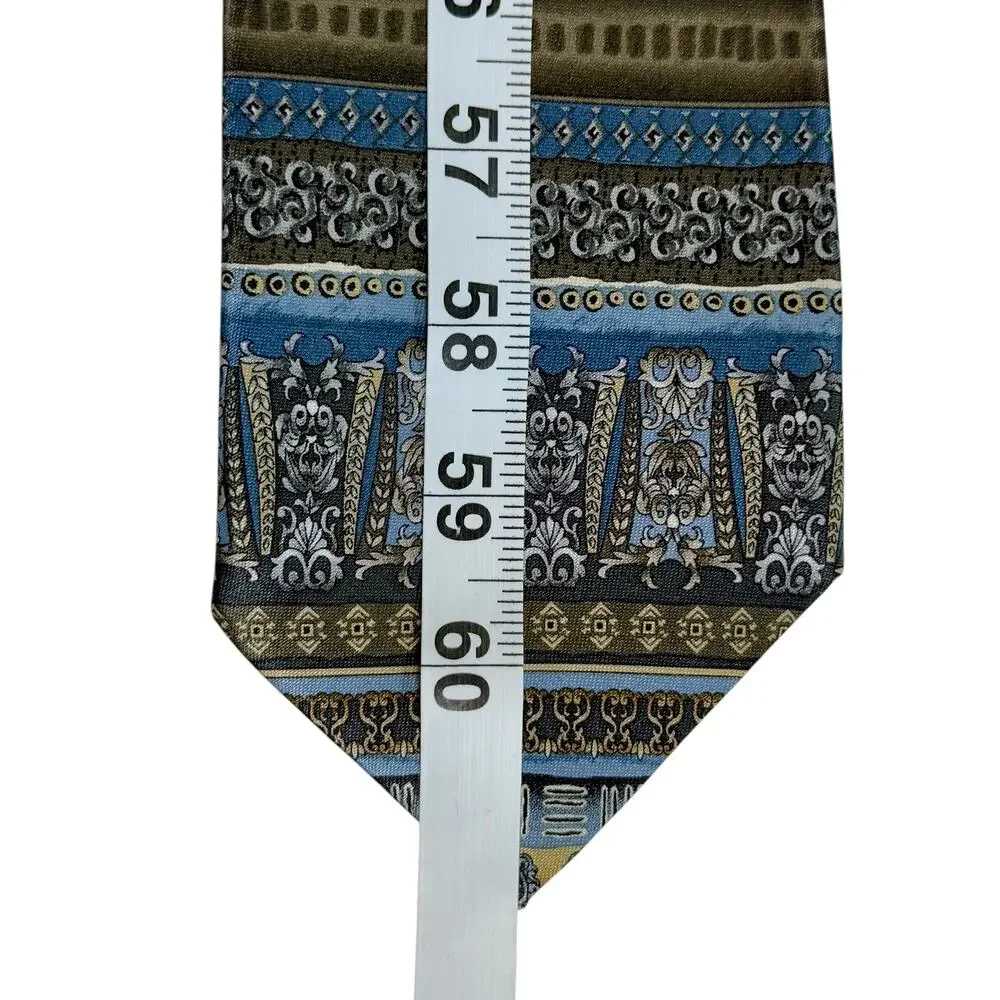 Rene Chagal Handmade Baroque Stripe Tie Blue Gray‎ Taupe Gold Ornate Classic